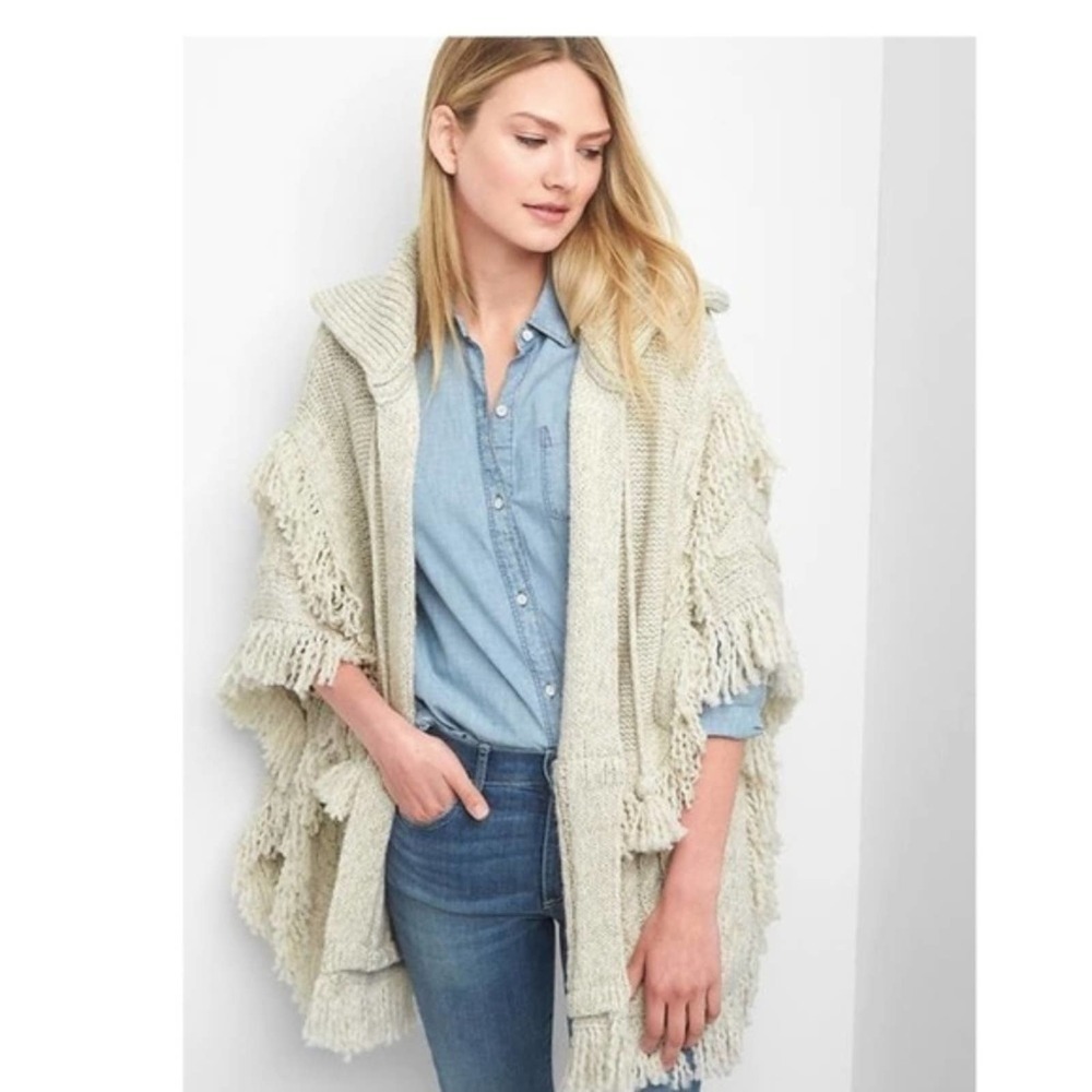 Gap Fringe Tassel Open Poncho Sweater